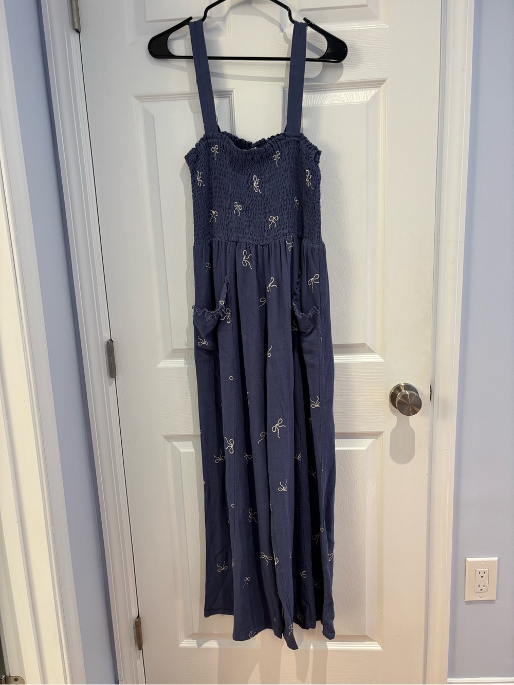 Umgee Navy Smocked Maxi Dress with Bow Embroidery